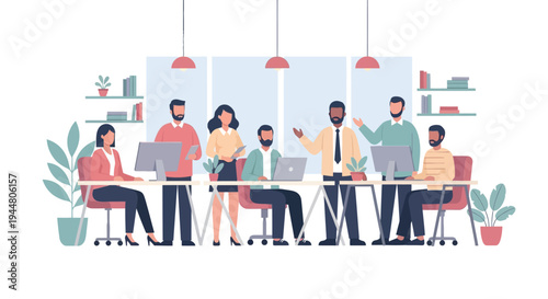 Business colleagues collaborate on project in modern office environment with laptops