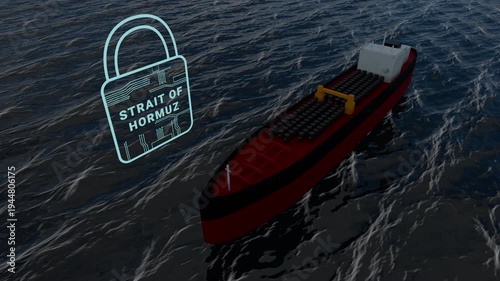 Oil Tanker at Sea with Digital Padlock Icon Representing Strait of Hormuz Blockade