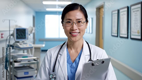 Asian female doctor in hospital corridor.