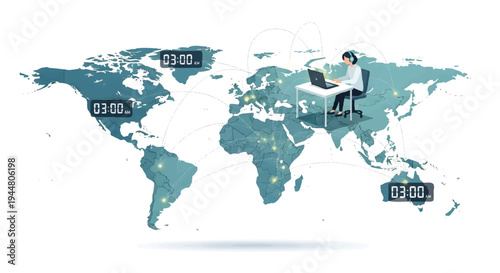 Man working on laptop with world map and time zones