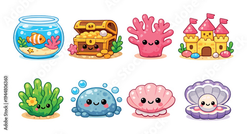 Underwater themed icons arranged in rows on dark background