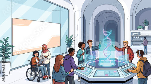 Diverse students engaging with a holographic DNA display in a modern science exhibit.