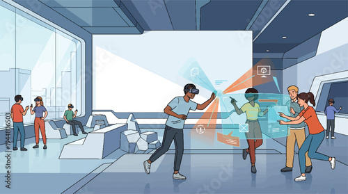 People interacting with virtual reality and augmented reality in a modern tech environment.