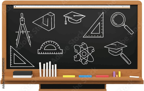 Wooden framed chalkboard displays white line art drawings of geometry tools, graduation caps, and atomic models for education.