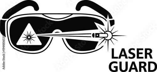 Black and white icon depicts laser safety goggles protecting eyes from a protective beam with text warning.