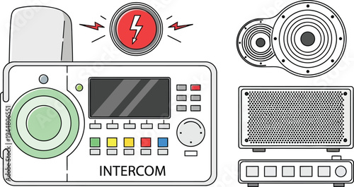 Intercom system components and an illuminated emergency alert button are displayed in a technical line art layout.