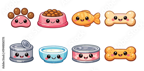 Pet food icons and treats arranged on dark gradient background