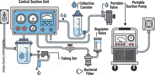 A detailed schematic shows a complex medical suction apparatus featuring a central control unit, gauges, collection canisters, tubing, and a portable suction pump unit.