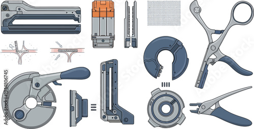 Assorted mechanical surgical instruments including staplers, cutters, and specialized clamping tools are disassembled and displayed for repair.
