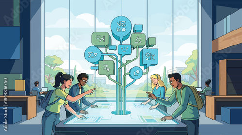 Students engaging with interactive holographic tree display in modern learning environment.