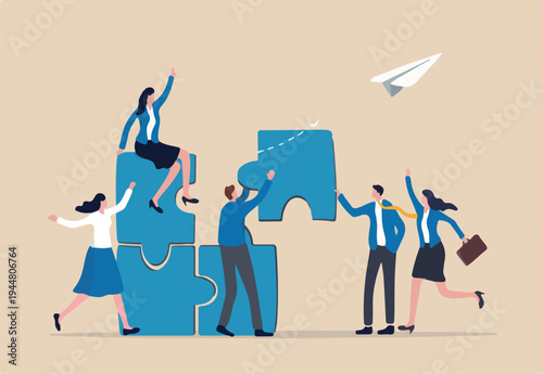 Employee engagement improve involvement or encourage employee success together, increase value and workplace motivation concept, happy business people, employees help complete jigsaw in their