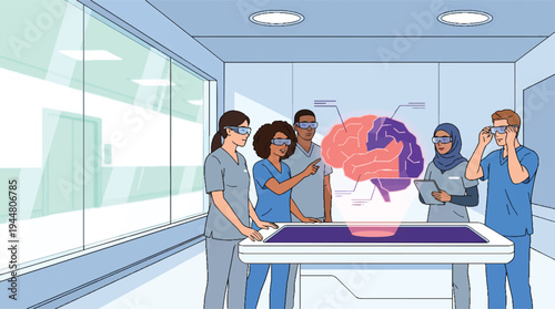 Medical professionals examining a holographic brain model in a modern lab.