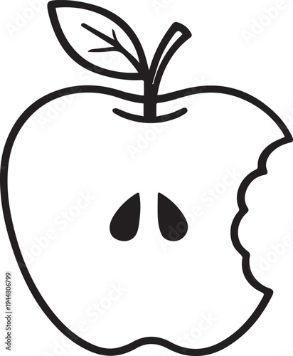 Minimalist bitten apple icon with leaf, thin line vector illustration