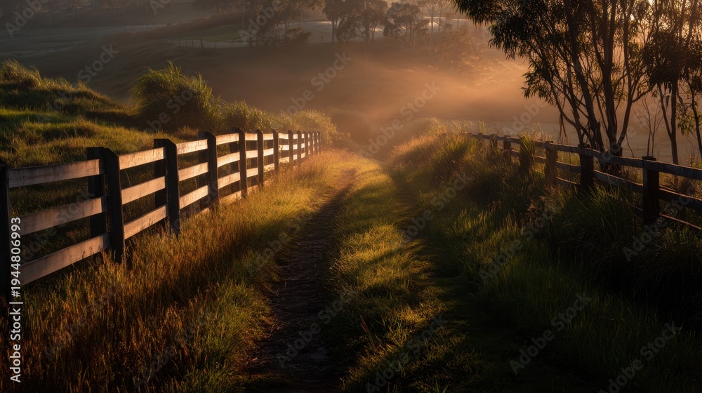 Fototapeta premium Serene Sunrise Landscape with Foggy Pathway and Wooden Fence in Tranquil Countryside Scenery