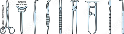 A collection of various shiny stainless steel surgical or dental instruments is displayed in a row against a white background.