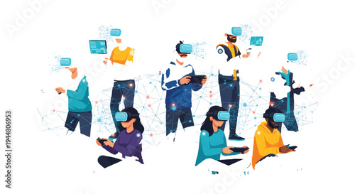 People using virtual reality headsets in colorful illustration