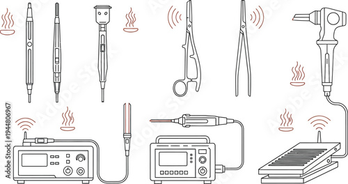 Collection of electrosurgical instruments and generating units are shown with wireless signal icons indicating operation.