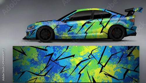 Sports car with a vibrant abstract blue, green, and yellow splatter and black jagged line wrap design, shown with the flat graphic below.