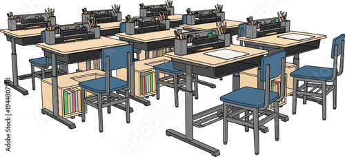 Multiple rows of empty wooden desks and blue chairs are arranged in a classroom setting ready for student instruction.