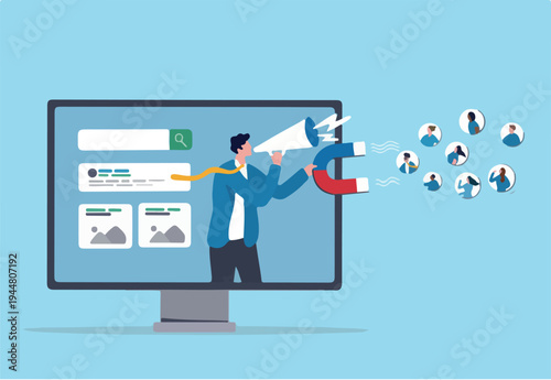 Lead generation, marketing campaign to attract client, customer or user to visit website, SEO strategy or traffic, online media advertising concept, marketing businessman draw customer to website