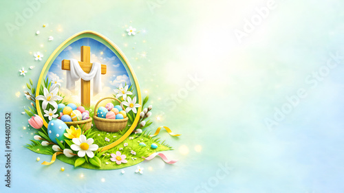 Easter banner with copy space: a Catholic cross with a white cloth, Easter baskets with colorful eggs, and spring flowers in an egg-shaped frame. 3D paper-cut style.