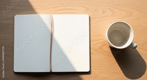 Wallpaper Mural Open Blank Notebook and Empty Mug on a Wooden Desk with Natural Sunlight Torontodigital.ca