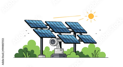 Solar panels in a green field with sun and fan for cooling