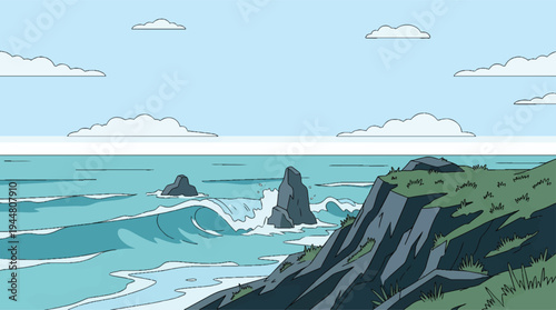 Rugged coastal cliffs overlooking a vast turbulent ocean with prominent sea stacks.