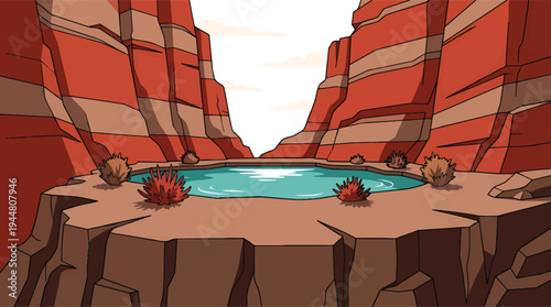 Small oasis with a pool of water surrounded by desert plants.
