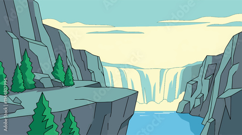 Majestic Waterfall Cascading into a Serene River.