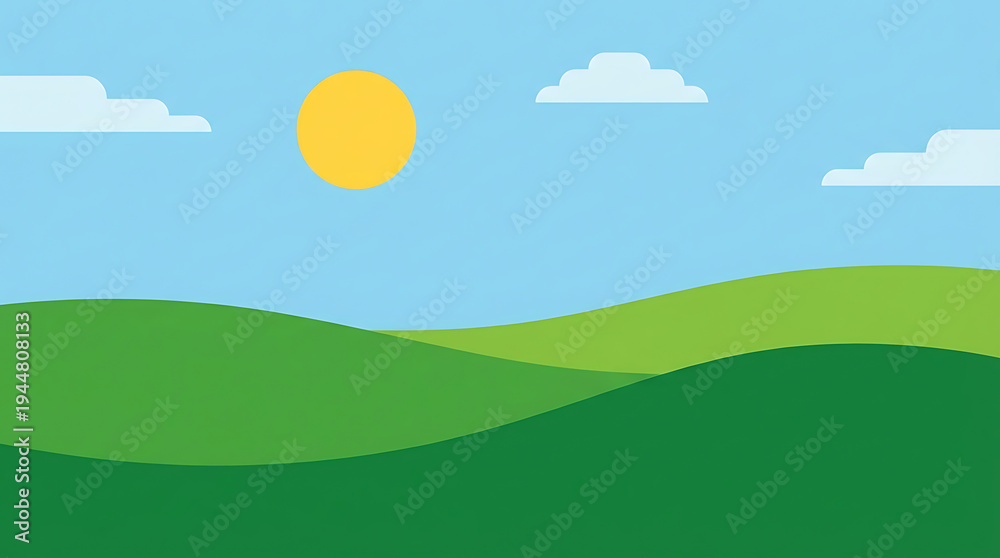Fototapeta premium Simple minimalist flat vector illustration of green rolling hills and sunny sky