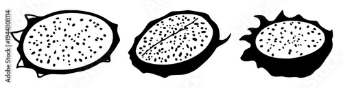 Dragon fruit set with half slice illustration showing seeds featuring exotic fruit, botanical illustration, graphic vector with solid black lines and white background