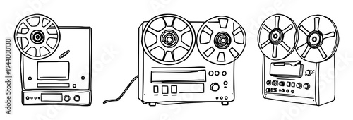 Reel-to-reel tape recorder set with vintage audio aesthetic featuring music, sound, recording with retro and antique design elements