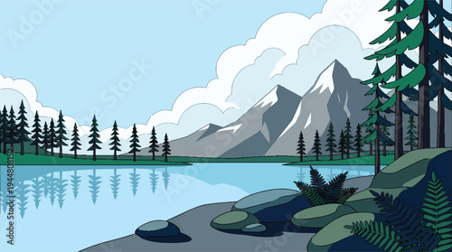Serene Mountain Lake with Pine Trees and Rocky Shoreline.