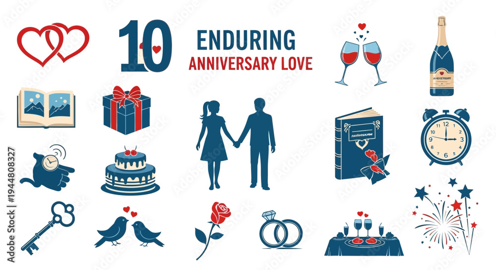 Fototapeta premium Elegant Illustrative Icons for Enduring Anniversary Love Set, Colored.