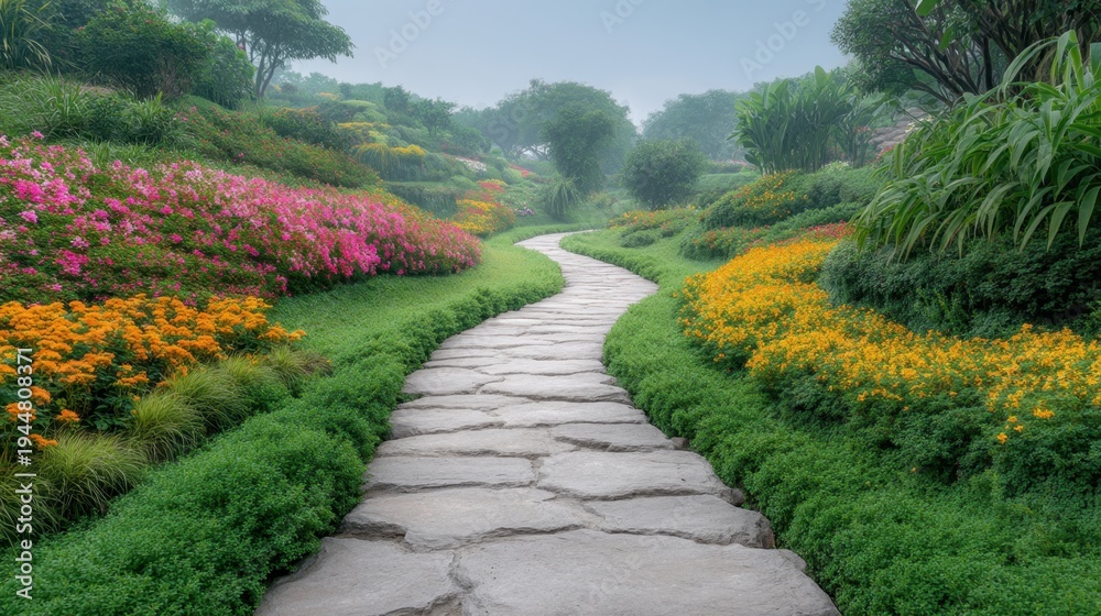 Obraz premium Serene Garden Pathway Through Vibrant Flower Beds and Lush Greenery on a Misty Morning in a Peaceful Landscape