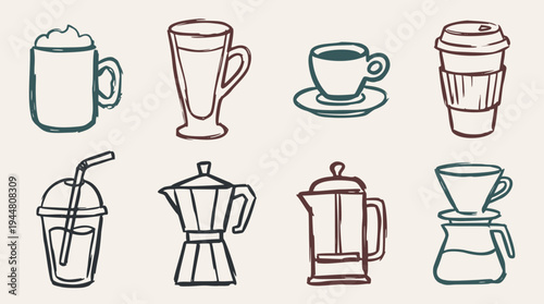 A collection of quick, simple, and loose doodle vector illustrations depicting various coffee cups, mugs, and brewing devices, perfect for cafe menus