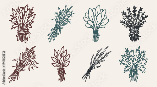 Collection of quick simple loose doodle illustrations featuring various hand-drawn tied herb bundles, showcasing a natural organic sketch style on a light background