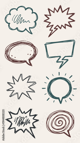 Vector set of quick, simple, loose doodle speech bubbles and thought bursts, hand-drawn with sketchy lines for informal graphic design elements