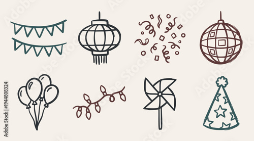A collection of quick, simple, and loose doodle vector illustrations featuring celebration elements like party hats, balloons, confetti, and festive decor