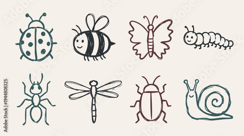 A delightful collection of quick, simple, and loose doodle vector illustrations, depicting various charming insects and garden creatures