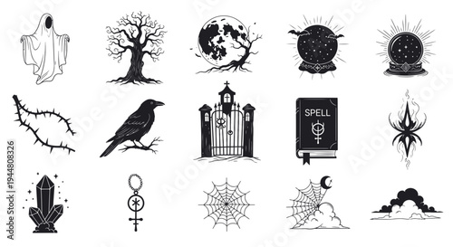 Elegant Line Art Halloween Icons Featuring Mystical and Enchanted Elements.