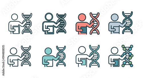 Medical research icons showcasing DNA, scientific discovery, and medical professionals analyzing genetic data for innovation and healthcare advancements