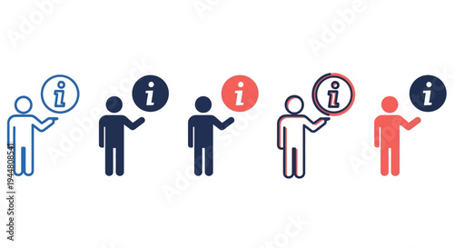 Collection of icons representing information and assistance, with figures holding 'i' symbols in circles of various colors