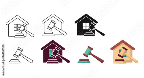 Collection of diverse vector icons illustrating house auctions, property law, real estate legal services, and home foreclosure processes, ideal for legal, financial, and housing-related projects