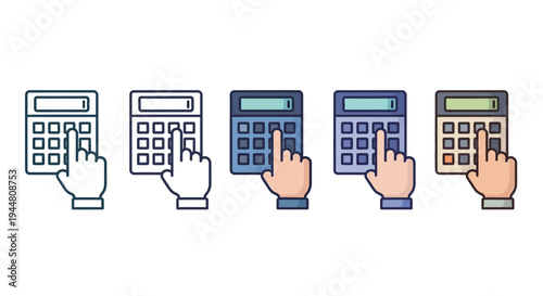 Animated-style calculator icons demonstrating hand interaction for financial planning, mathematical calculations, and accounting tasks. Versatile digital tools