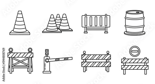 Vector line art icons for road safety and construction zones, depicting traffic cones, various barriers, warning signs, and essential site management equipment