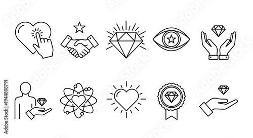 Set of line icons representing concepts like appreciation, trust, value, vision, success, connection, recognition, and excellence