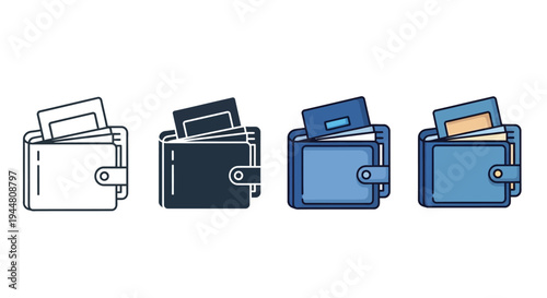 Four different styles of wallets with cards peeking out, presented in a clean, modern illustration format, showcasing variety in design and color