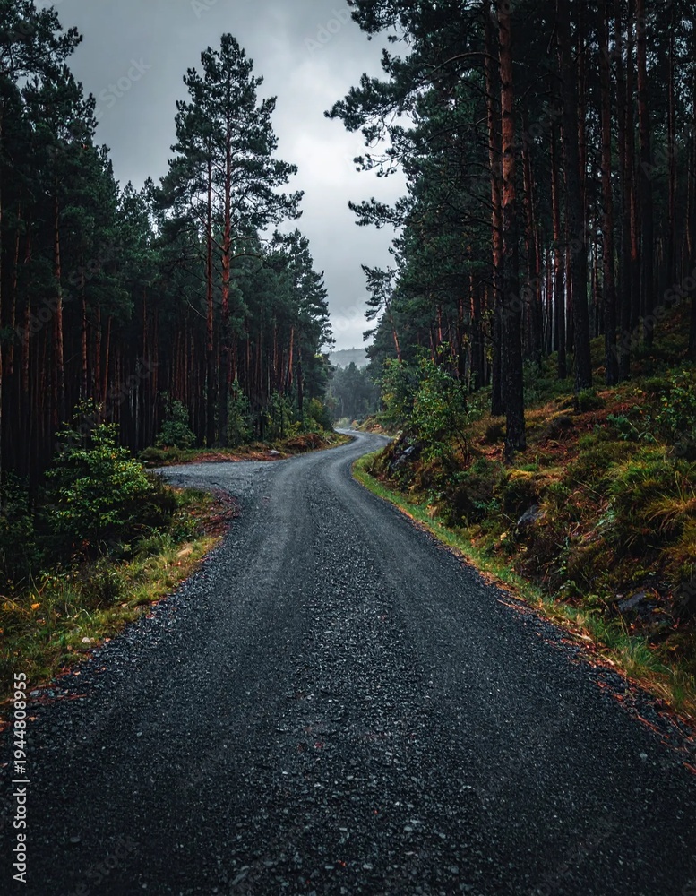 Fototapeta premium Winding Forest Road on an Overcast Day.